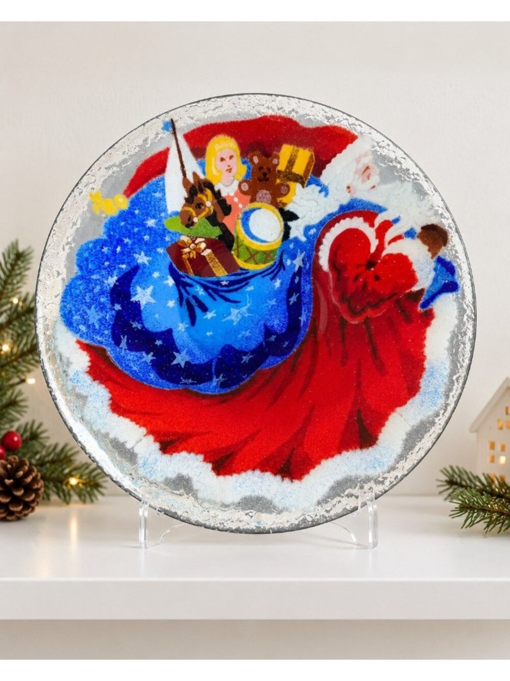 Peggy Karr Father Christmas Santa Toy Sack Fused Glass Bowl 10 7/8" 2002